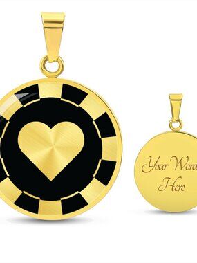 Heart Poker Chip Gambler Circle Pendant Necklace Stainless Steel 24 Inch Chain